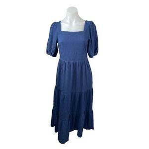 NEW Prettygarden Navy Blue Short Puff Sleeve Smocked Tiered A Line Midi Dress S